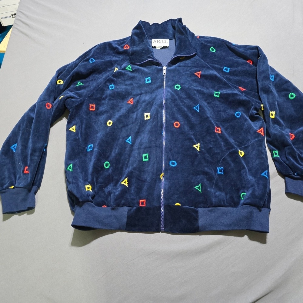 ARIEL Velour Track Jacket Large Navy Geometric Zip vintage teacher artwork